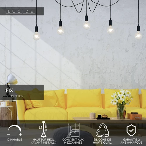 Lucide FIX - Suspension - 5xE27 - Convient aux mezzanines et plafonds hauts - Noir - USP